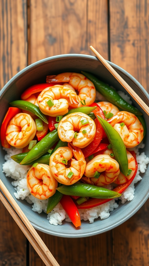 A bowl of spicy garlic shrimp stir-fry with shrimp, bell peppers, snap peas on rice, garnished with green onions.